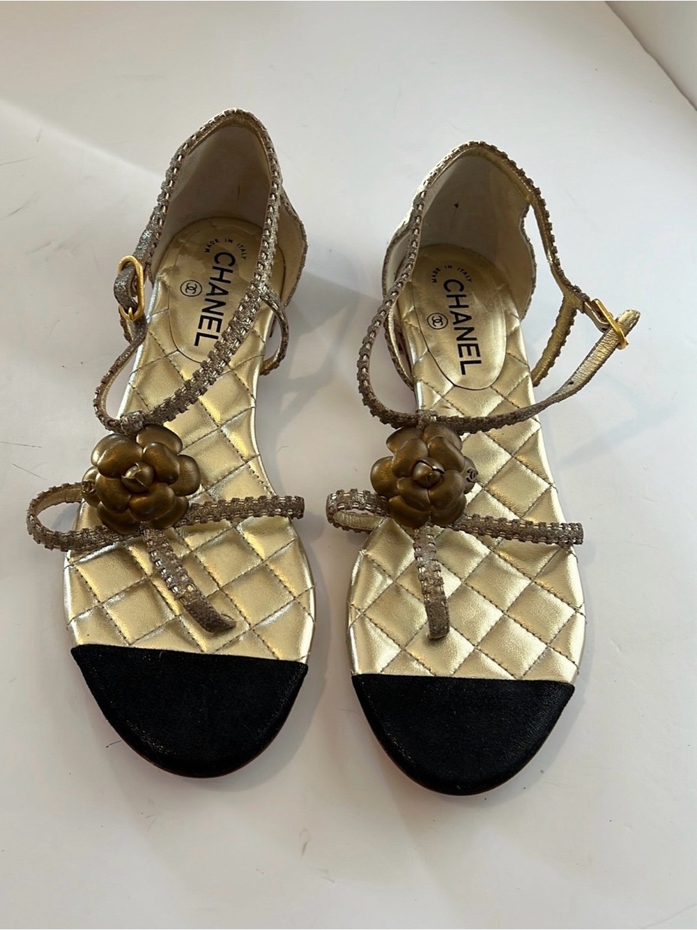 Chanel Gold Quilted‎ CC Camelia Sandals